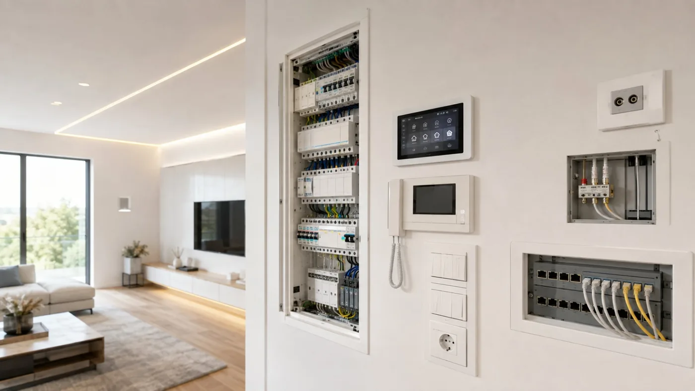 Moderne Elektroinstallation in einem hellen Wohnraum: offener Verteilerschrank, Smart-Home-Bedienpanel, Video-Sprechanlage sowie SAT- und Netzwerk-Patchfeld